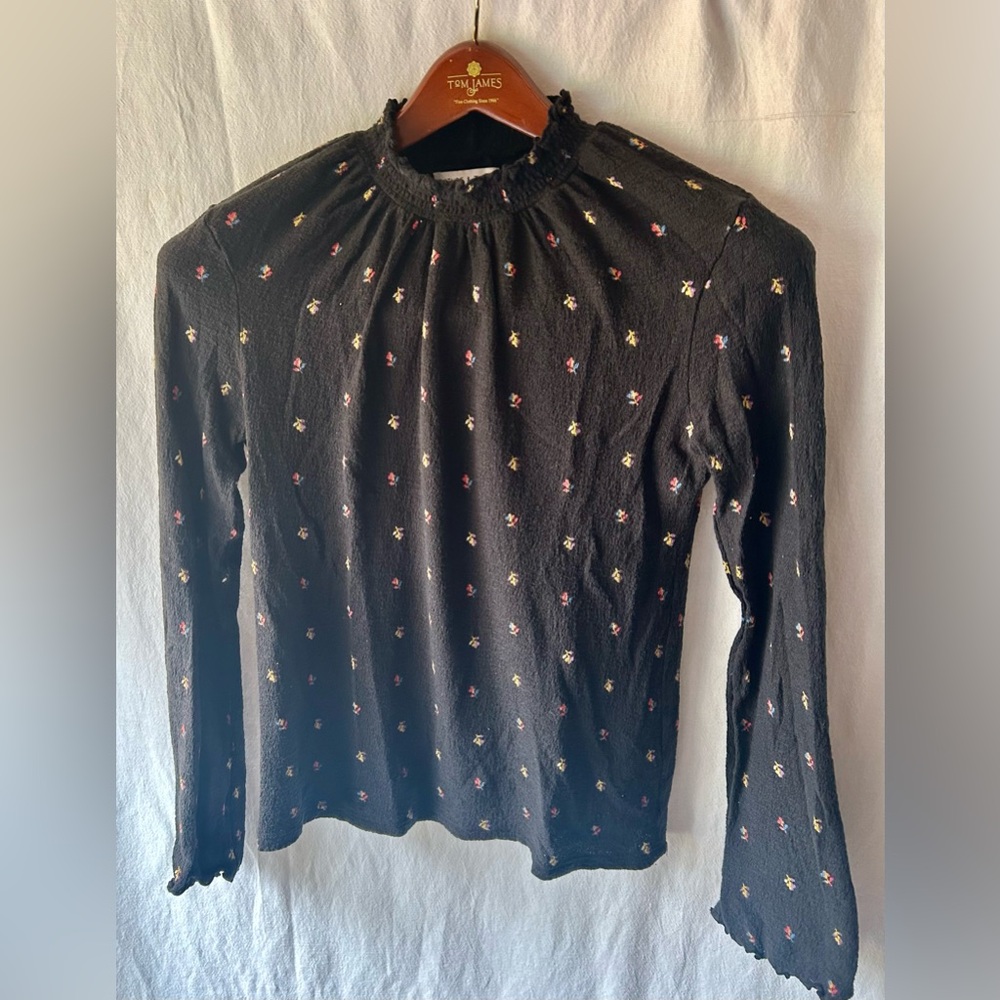 Madewell Texture & Thread Womens S Ruffled Mockneck Top in Rainbow Buds Lettuce